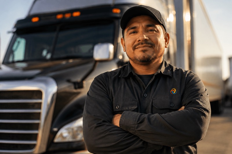 AmongUs Trucking driver standing in front of his truck